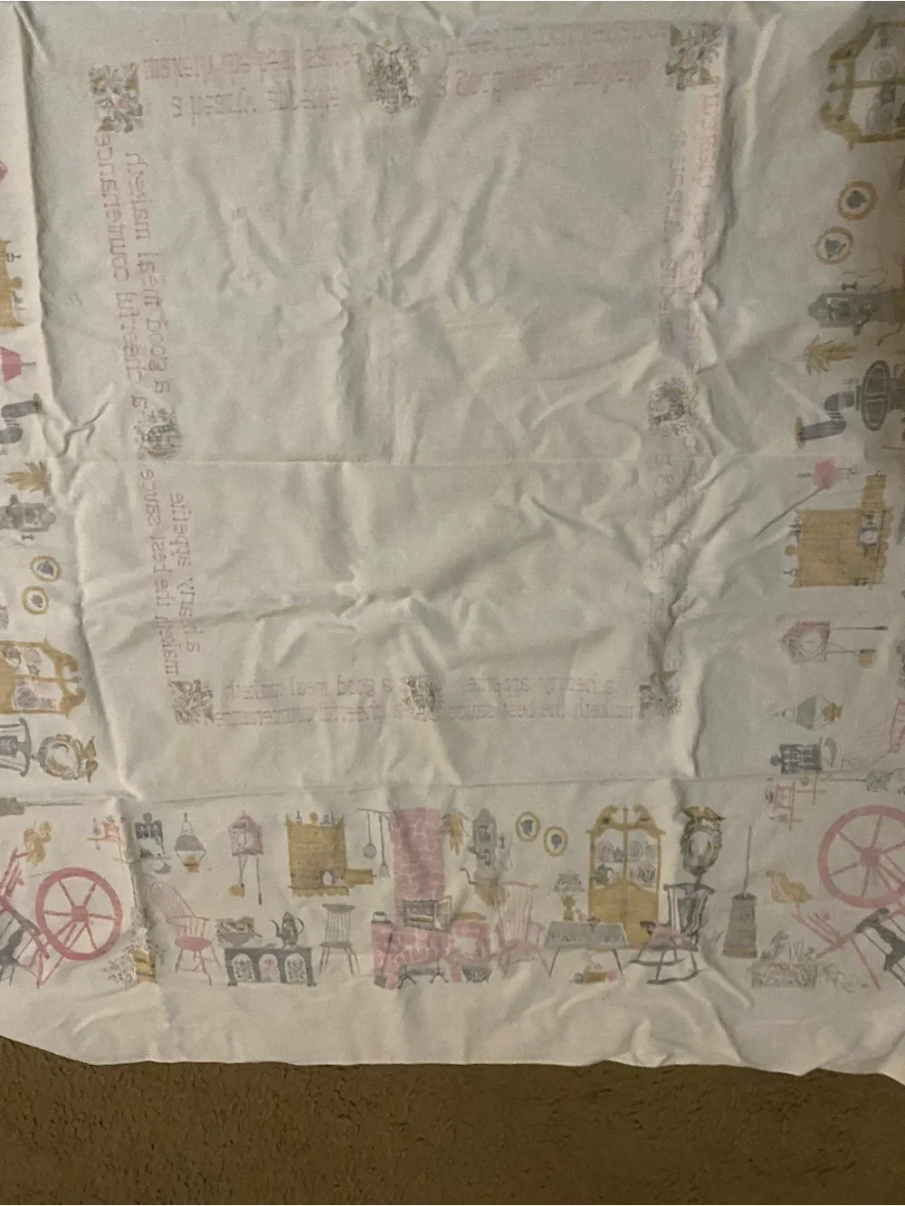Vintage 50s Kitschy Kitchen Proverb MCM Tablecloth Retro Folk Art Cotton 44x54